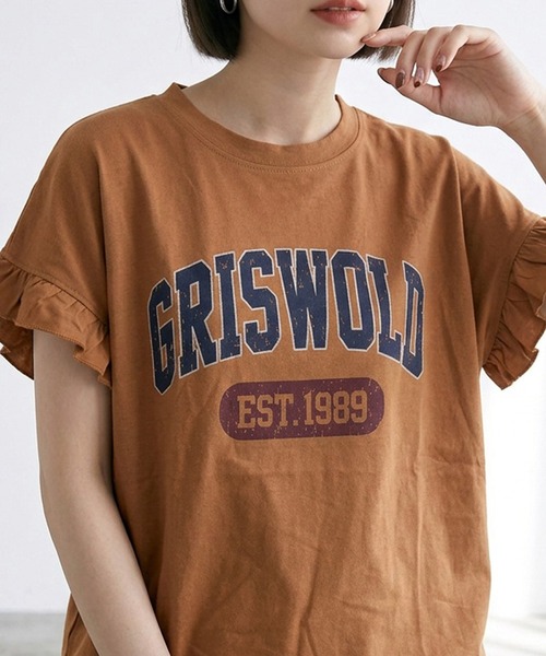 CRB（シーアールビー）の「袖フリルカレッジプリントビッグTシャツ（Tシャツ/カットソー・レディース・オフホワイト/チャコール/オレンジ・F）」の3枚目の写真