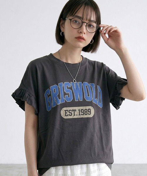 CRB（シーアールビー）の「袖フリルカレッジプリントビッグTシャツ（Tシャツ/カットソー・レディース・オフホワイト/チャコール/オレンジ・F）」の2枚目の写真