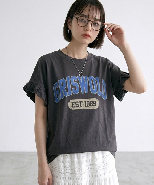 CRB（シーアールビー）の「袖フリルカレッジプリントビッグTシャツ（Tシャツ/カットソー・レディース・オフホワイト/チャコール/オレンジ・F）」の19枚目の写真