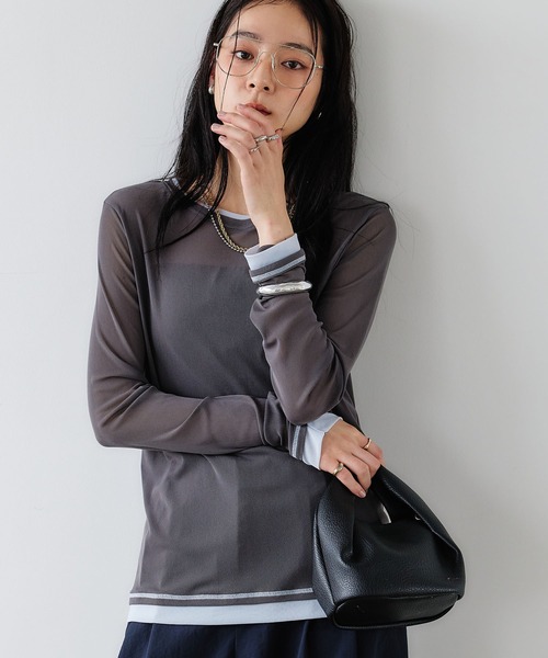 CROSS FUNCTION(クロスファンクション)の「《吸水速乾》シアーチュール配色トップス【CROSS FUNCTION/クロスファンクション】(Tシャツ/カットソー・レディース・チャコールグレー/ブラック/ピンク/アイボリー・LL/M/L)」の1枚目の写真