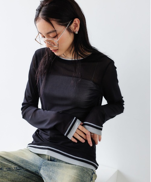 CROSS FUNCTION(クロスファンクション)の「《吸水速乾》シアーチュール配色トップス【CROSS FUNCTION/クロスファンクション】(Tシャツ/カットソー・レディース・チャコールグレー/ブラック/ピンク/アイボリー・LL/M/L)」の3枚目の写真