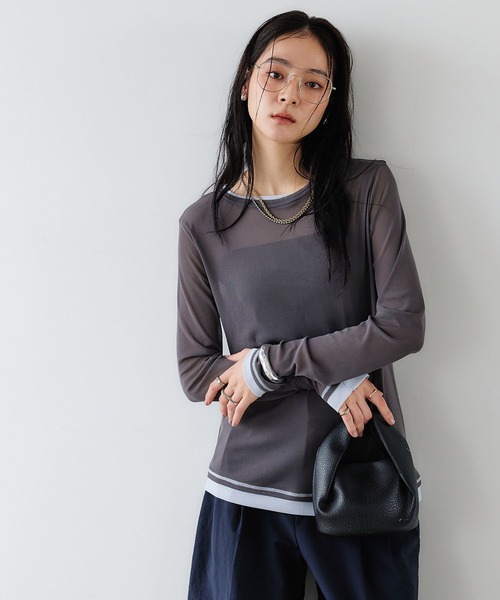CROSS FUNCTION(クロスファンクション)の「《吸水速乾》シアーチュール配色トップス【CROSS FUNCTION/クロスファンクション】(Tシャツ/カットソー・レディース・チャコールグレー/ブラック/ピンク/アイボリー・LL/M/L)」の5枚目の写真