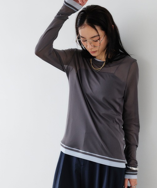 CROSS FUNCTION(クロスファンクション)の「《吸水速乾》シアーチュール配色トップス【CROSS FUNCTION/クロスファンクション】(Tシャツ/カットソー・レディース・チャコールグレー/ブラック/ピンク/アイボリー・LL/M/L)」の9枚目の写真