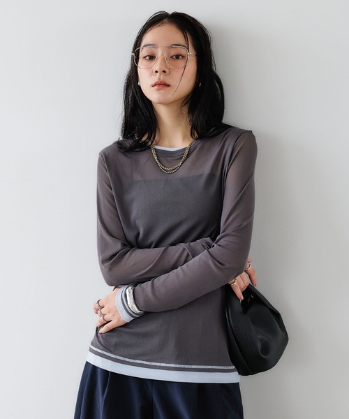 CROSS FUNCTION(クロスファンクション)の「《吸水速乾》シアーチュール配色トップス【CROSS FUNCTION/クロスファンクション】(Tシャツ/カットソー・レディース・チャコールグレー/ブラック/ピンク/アイボリー・LL/M/L)」の6枚目の写真