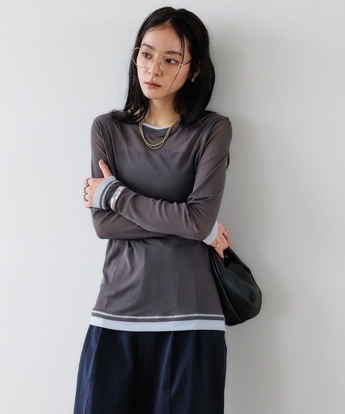 CROSS FUNCTION(クロスファンクション)の「《吸水速乾》シアーチュール配色トップス【CROSS FUNCTION/クロスファンクション】(Tシャツ/カットソー・レディース・チャコールグレー/ブラック/ピンク/アイボリー・LL/M/L)」の7枚目の写真