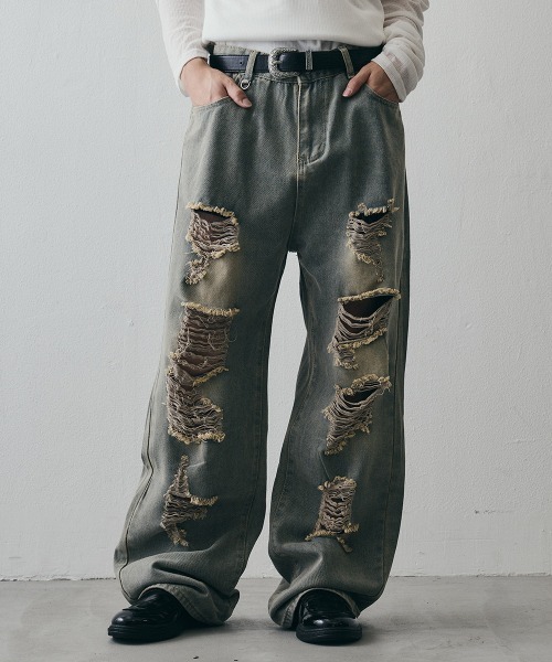 Shoowtime(ショウタイム)の「Vintage-Faded Distressed Baggy Jeans / ヴィンテージフェード ダメージバギーデニムパンツ(デニムパンツ・メンズ・ライトブルー・MEDIUM/X-LARGE/LARGE)」の1枚目の写真