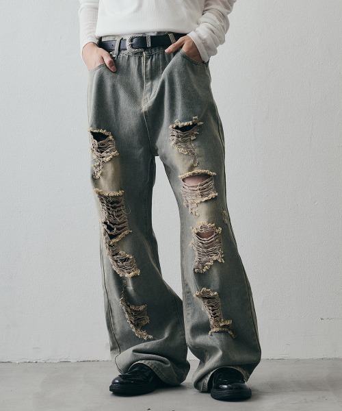 Shoowtime(ショウタイム)の「Vintage-Faded Distressed Baggy Jeans / ヴィンテージフェード ダメージバギーデニムパンツ(デニムパンツ・メンズ・ライトブルー・MEDIUM/X-LARGE/LARGE)」の2枚目の写真