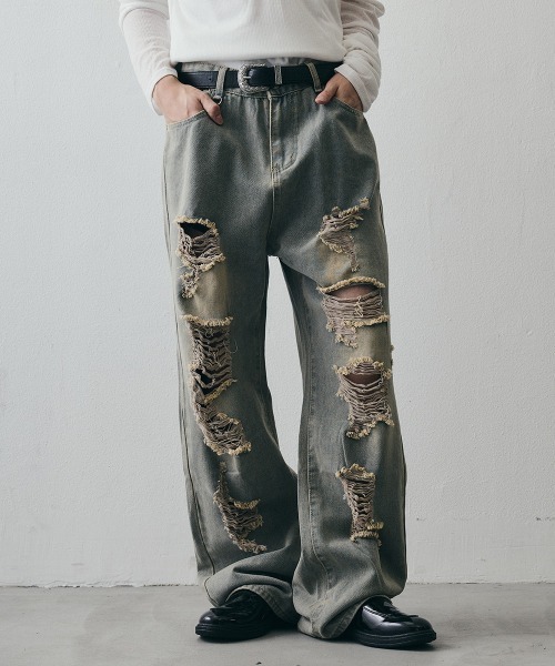 Shoowtime(ショウタイム)の「Vintage-Faded Distressed Baggy Jeans / ヴィンテージフェード ダメージバギーデニムパンツ(デニムパンツ・メンズ・ライトブルー・MEDIUM/X-LARGE/LARGE)」の3枚目の写真