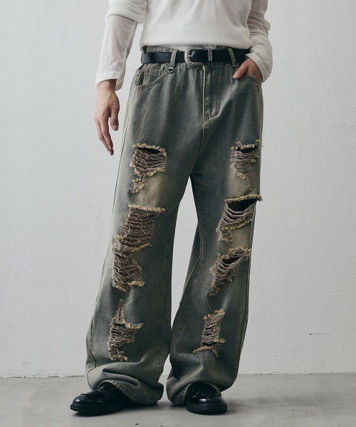 Shoowtime(ショウタイム)の「Vintage-Faded Distressed Baggy Jeans / ヴィンテージフェード ダメージバギーデニムパンツ(デニムパンツ・メンズ・ライトブルー・MEDIUM/X-LARGE/LARGE)」の4枚目の写真