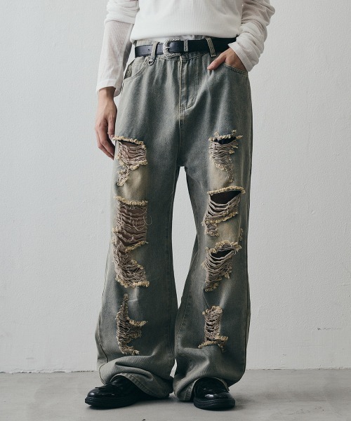 Shoowtime(ショウタイム)の「Vintage-Faded Distressed Baggy Jeans / ヴィンテージフェード ダメージバギーデニムパンツ(デニムパンツ・メンズ・ライトブルー・MEDIUM/X-LARGE/LARGE)」の5枚目の写真