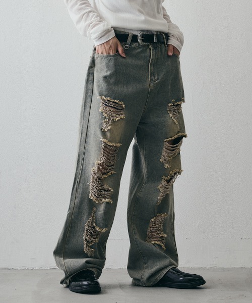 Shoowtime(ショウタイム)の「Vintage-Faded Distressed Baggy Jeans / ヴィンテージフェード ダメージバギーデニムパンツ(デニムパンツ・メンズ・ライトブルー・MEDIUM/X-LARGE/LARGE)」の7枚目の写真