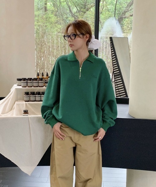 SHEPP(シープ)の「【26年秋冬新作】オーバーサイズ ハーフジップ スウェット プルオーバー トップス(スウェット・レディース・グレー/イエロー/グリーン/ブラウン/ネイビー・F)」の10枚目の写真
