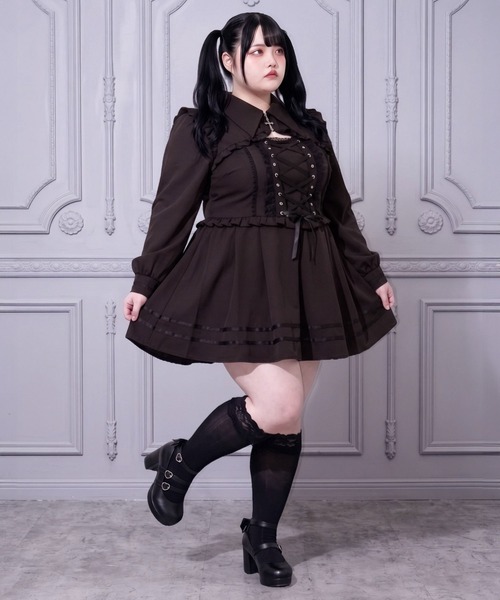 DearMyLoveWhip(ディアマイラブホイップ)の「ピアス風十字架ファスナーレースアップワンピース(ワンピース・レディース・ブラック/パープル/ネイビー・5L/6L/4L)」の2枚目の写真
