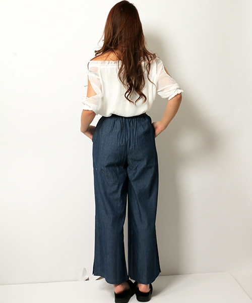 VENCEEXCHANGE（ヴァンスエクスチェンジ）の「サッシュ付刺繍使いデニムワイドパンツ（デニムパンツ・レディース・ネイビー/ブルー・MEDIUM）」の4枚目の写真