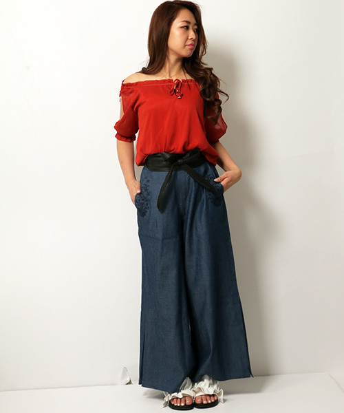 VENCEEXCHANGE（ヴァンスエクスチェンジ）の「サッシュ付刺繍使いデニムワイドパンツ（デニムパンツ・レディース・ネイビー/ブルー・MEDIUM）」の9枚目の写真