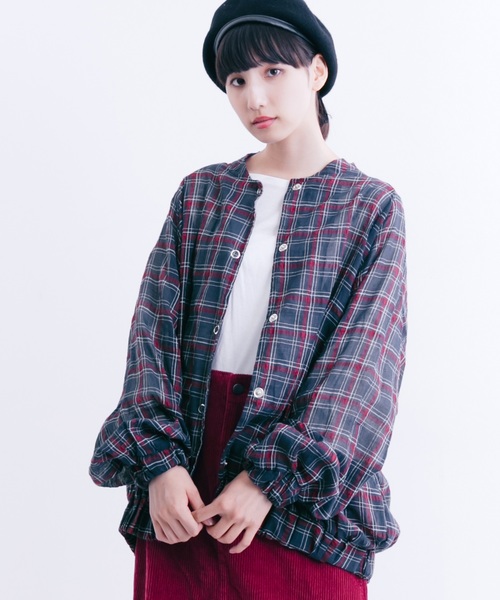 MERLOT（メルロー）の「チェック柄ブルゾン風裾ゴムシャツ1322（シャツ/ブラウス・レディース・グリーン/ワイン・FREE）」の2枚目の写真