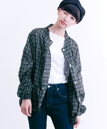 MERLOT | チェック柄ブルゾン風裾ゴムシャツ1322(シャツ/ブラウス)