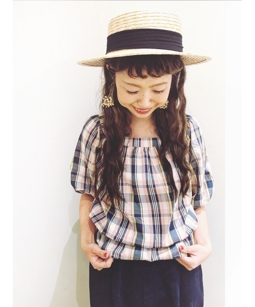 earth music&ecology（アースミュージックアンドエコロジー）の「・マドラスオフショルプルオーバー ●（シャツ/ブラウス・レディース・ベージュ/サックスブルー/ラベンダー/ピンク・FREE）」の4枚目の写真