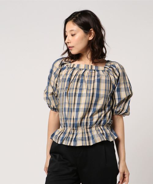 earth music&ecology（アースミュージックアンドエコロジー）の「・マドラスオフショルプルオーバー ●（シャツ/ブラウス・レディース・ベージュ/サックスブルー/ラベンダー/ピンク・FREE）」の15枚目の写真