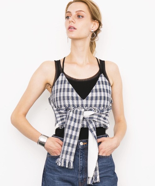 CITY(シティ)の「チェックフリンジニットブラトップ(ニット/セーター)」|ブルー