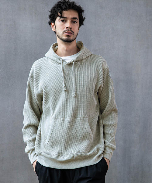 Healthknit（ヘルスニット）の「別注 ［ヘルスニット］SC Healthknit  GLR SHワッフルパーカー / フーディー ◆（パーカー・メンズ・グレー/オフホワイト・S/M/L）」の5枚目の写真