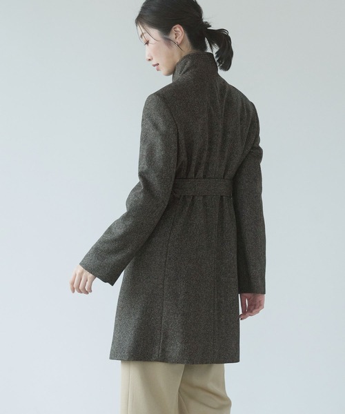 ロングコート　カシミヤ100% ファー　ツイード カシミヤ100％ ツイード スタンドカラー ロングコート 着丈87cm ZF