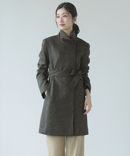 セール】カシミヤ100%ツイードスタンドカラーロングコート（ステン