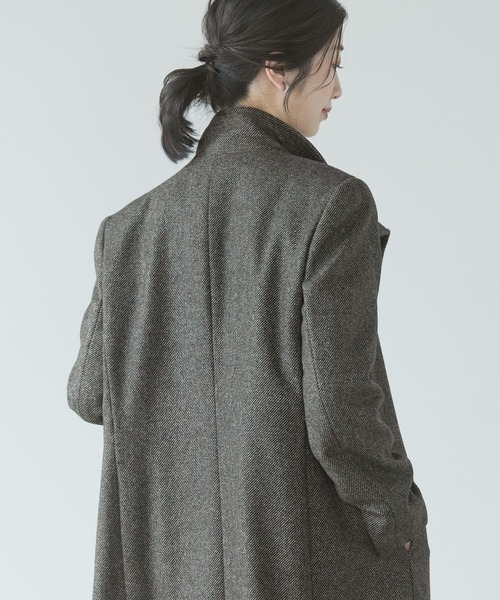 カシミヤ100%ツイードスタンドカラーロングコート（ステンカラーコート