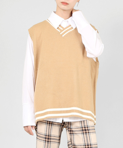 DING（ディング）の「DING/2ラインビッグニットベスト（ベスト・レディース・ブラック/オフホワイト/ベージュ・FREE）」の3枚目の写真