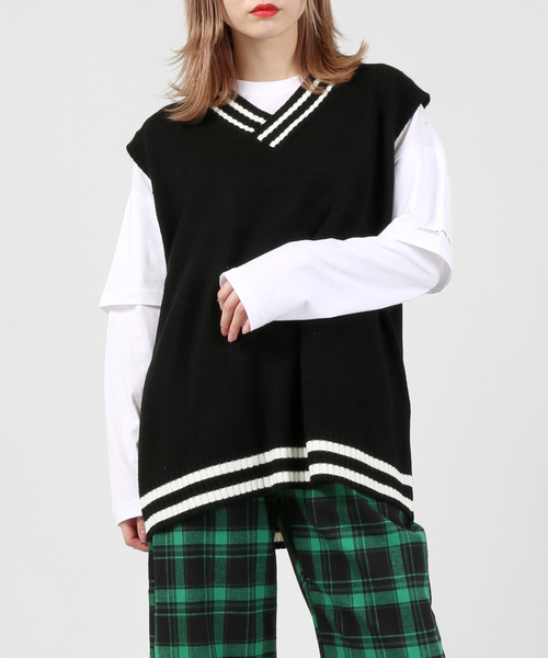 DING（ディング）の「DING/2ラインビッグニットベスト（ベスト・レディース・ブラック/オフホワイト/ベージュ・FREE）」の2枚目の写真