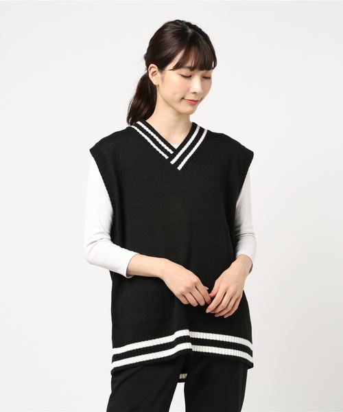 DING（ディング）の「DING/2ラインビッグニットベスト（ベスト・レディース・ブラック/オフホワイト/ベージュ・FREE）」の9枚目の写真