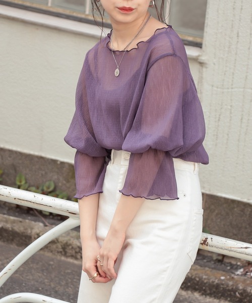 Chico（チコ）の「【Web限定】5分袖キャミ付きシアーメロウトップス（シャツ/ブラウス・レディース・パープル/ピンク/アイボリー/ブラック・FREE）」の4枚目の写真