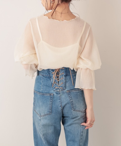 Chico（チコ）の「【Web限定】5分袖キャミ付きシアーメロウトップス（シャツ/ブラウス・レディース・パープル/ピンク/アイボリー/ブラック・FREE）」の16枚目の写真