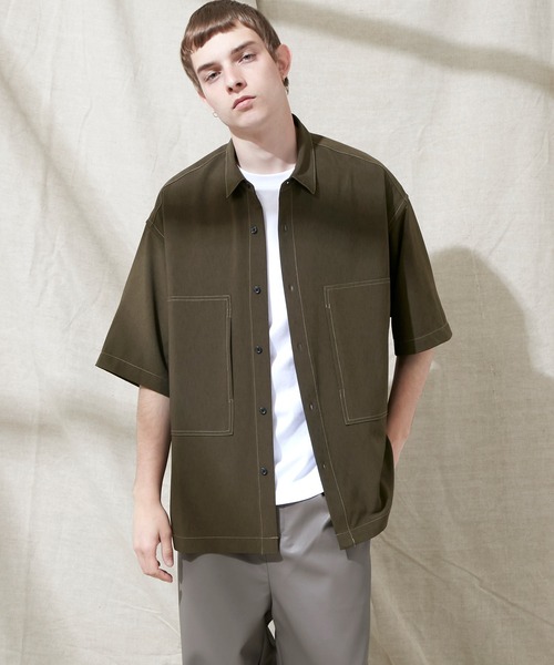 EMMA CLOTHES（エマクローズ）の「ブライトポプリン リラックス オーバーサイズ 鬼ステッチビッグWポケットレギュラーカラーCPOシャツ EMMA CLOTHES（シャツ/ブラウス・メンズ・ブラウン/ベージュ/ブラック/ライラック/グレイッシュベージュ/グレイッシュブルー/キナリ/ベージュ系その他・M/L）」の18枚目の写真