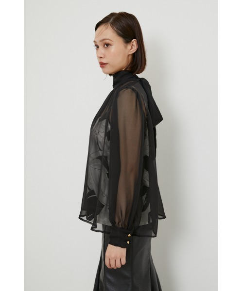 rienda リエンダ　長袖　Black シフォン　フリル　キレイめ　トップス セール】フリルネック布帛コンビニットトップス（ニット