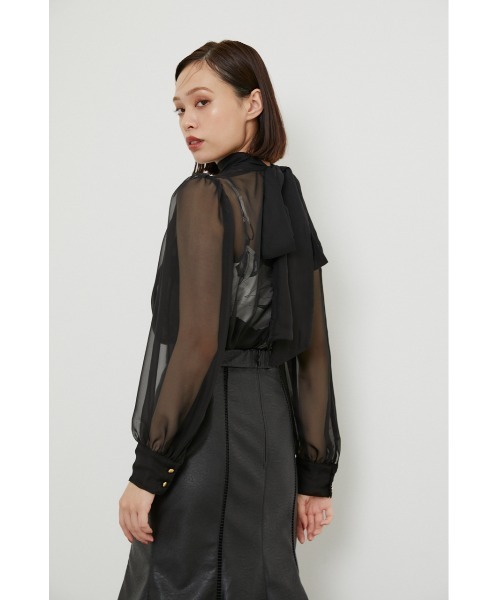 rienda リエンダ　長袖　Black シフォン　フリル　キレイめ　トップス セール】フリルネック布帛コンビニットトップス（ニット