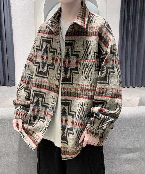 KOR(ケーオーアール)の「ウールタッチ オーバーサイズ ネイティブ柄シャツ(シャツ/ブラウス・メンズ・グレー/ベージュ/ブラック・5XL/XL/4XL/L/3XL/M/2XL)」の3枚目の写真