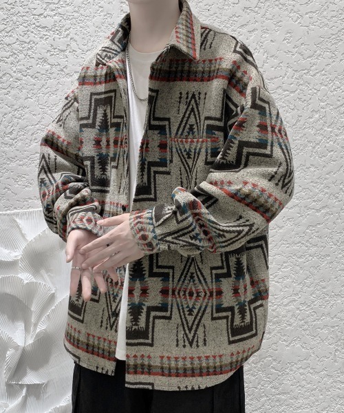 KOR(ケーオーアール)の「ウールタッチ オーバーサイズ ネイティブ柄シャツ(シャツ/ブラウス・メンズ・グレー/ベージュ/ブラック・5XL/XL/4XL/L/3XL/M/2XL)」の13枚目の写真