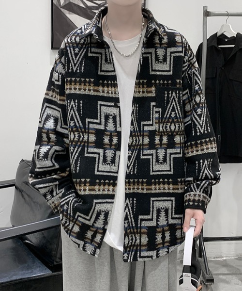KOR(ケーオーアール)の「ウールタッチ オーバーサイズ ネイティブ柄シャツ(シャツ/ブラウス・メンズ・グレー/ベージュ/ブラック・5XL/XL/4XL/L/3XL/M/2XL)」の10枚目の写真