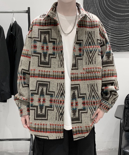 KOR(ケーオーアール)の「ウールタッチ オーバーサイズ ネイティブ柄シャツ(シャツ/ブラウス・メンズ・グレー/ベージュ/ブラック・5XL/XL/4XL/L/3XL/M/2XL)」の15枚目の写真