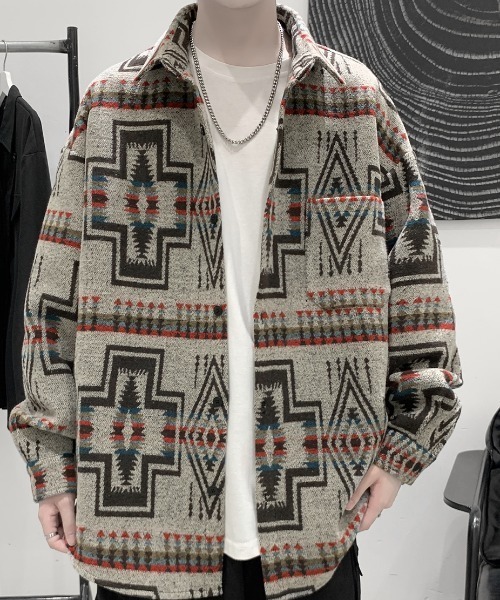 KOR(ケーオーアール)の「ウールタッチ オーバーサイズ ネイティブ柄シャツ(シャツ/ブラウス・メンズ・グレー/ベージュ/ブラック・5XL/XL/4XL/L/3XL/M/2XL)」の16枚目の写真