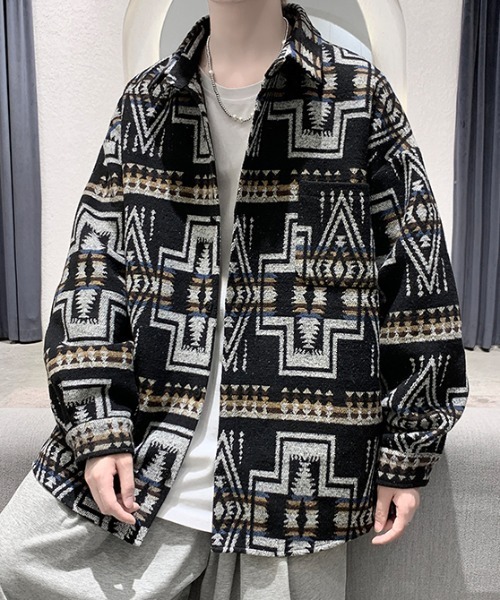 KOR(ケーオーアール)の「ウールタッチ オーバーサイズ ネイティブ柄シャツ(シャツ/ブラウス・メンズ・グレー/ベージュ/ブラック・5XL/XL/4XL/L/3XL/M/2XL)」の7枚目の写真