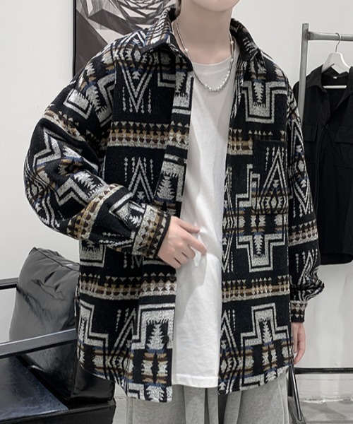 KOR(ケーオーアール)の「ウールタッチ オーバーサイズ ネイティブ柄シャツ(シャツ/ブラウス・メンズ・グレー/ベージュ/ブラック・5XL/XL/4XL/L/3XL/M/2XL)」の8枚目の写真