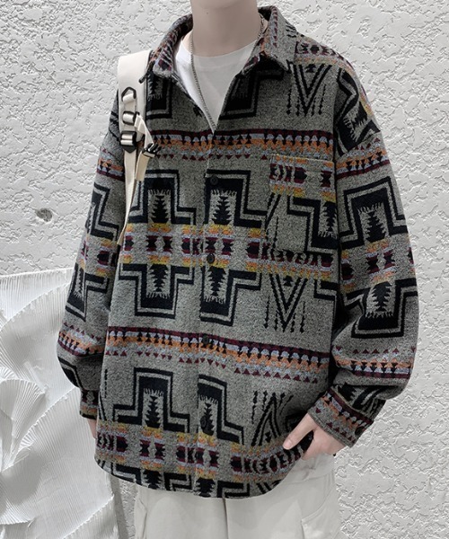KOR(ケーオーアール)の「ウールタッチ オーバーサイズ ネイティブ柄シャツ(シャツ/ブラウス・メンズ・グレー/ベージュ/ブラック・5XL/XL/4XL/L/3XL/M/2XL)」の18枚目の写真
