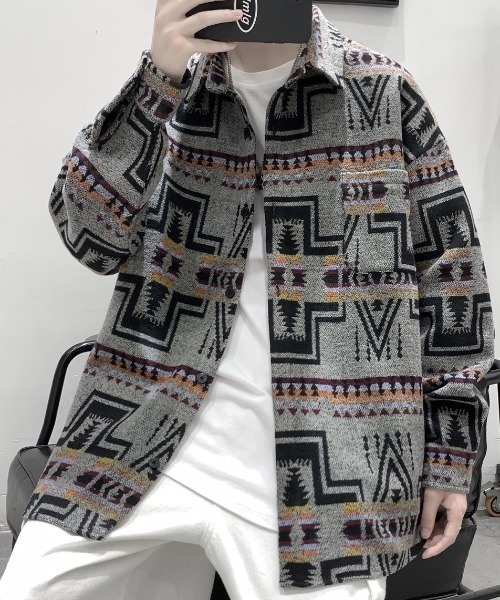 KOR(ケーオーアール)の「ウールタッチ オーバーサイズ ネイティブ柄シャツ(シャツ/ブラウス・メンズ・グレー/ベージュ/ブラック・5XL/XL/4XL/L/3XL/M/2XL)」の19枚目の写真