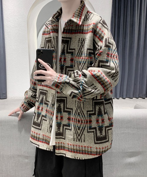 KOR(ケーオーアール)の「ウールタッチ オーバーサイズ ネイティブ柄シャツ(シャツ/ブラウス・メンズ・グレー/ベージュ/ブラック・5XL/XL/4XL/L/3XL/M/2XL)」の12枚目の写真