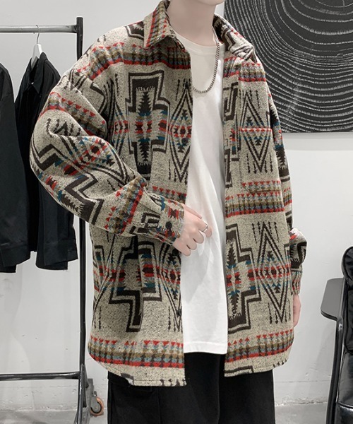 KOR(ケーオーアール)の「ウールタッチ オーバーサイズ ネイティブ柄シャツ(シャツ/ブラウス・メンズ・グレー/ベージュ/ブラック・5XL/XL/4XL/L/3XL/M/2XL)」の14枚目の写真