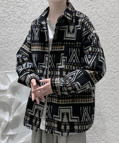 KOR(ケーオーアール)の「ウールタッチ オーバーサイズ ネイティブ柄シャツ(シャツ/ブラウス・メンズ・グレー/ベージュ/ブラック・5XL/XL/4XL/L/3XL/M/2XL)」の5枚目の写真
