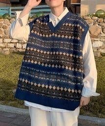 KOR | ドロップショルダー ネイティブ柄ボーダー Vネックニットベスト(ベスト)