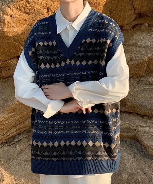 KOR（ケーオーアール）の「ドロップショルダー ネイティブ柄ボーダー Vネックニットベスト（ベスト・メンズ・ネイビー/ベージュ・2XL/S/3XL/XL/M/L）」の19枚目の写真